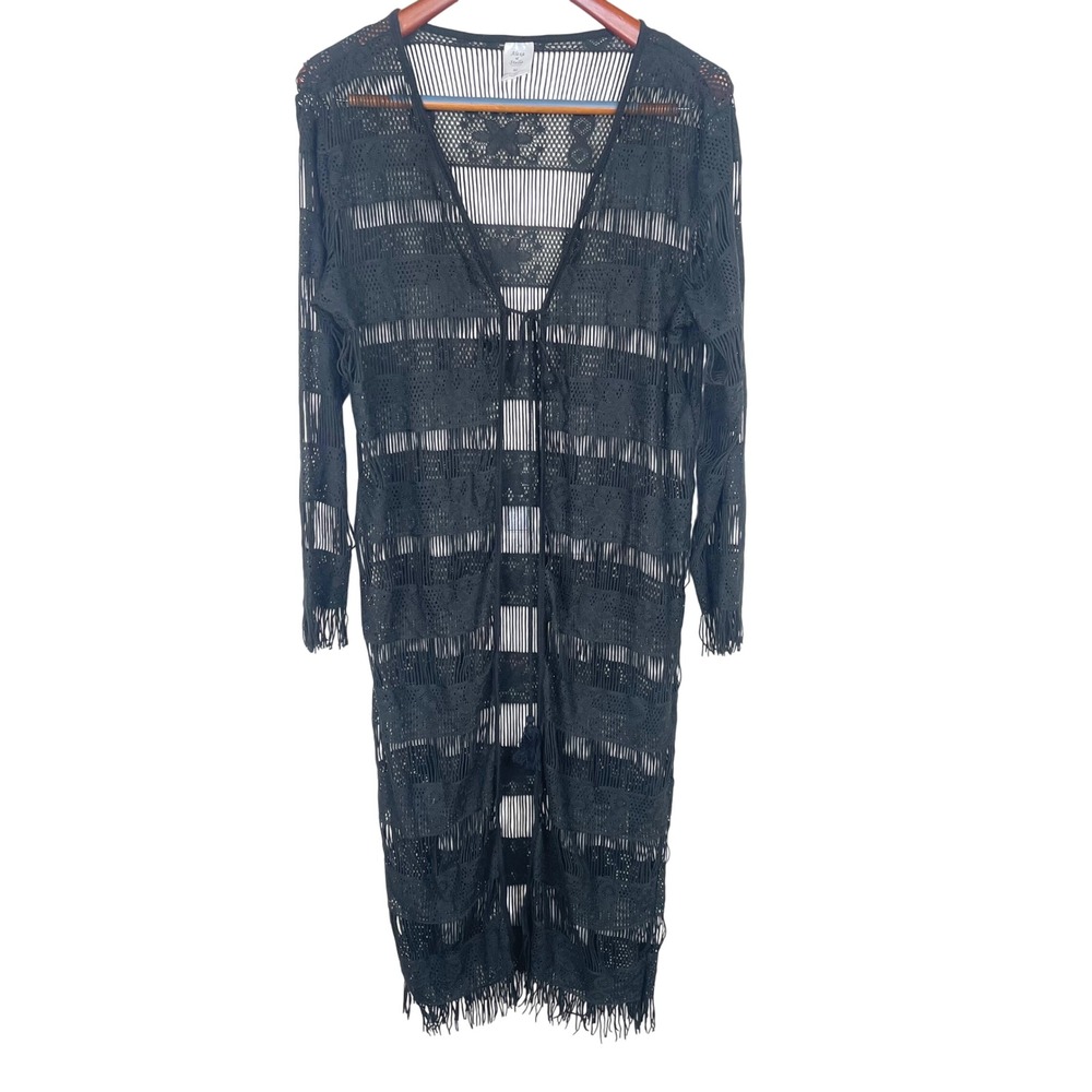Kimono Duster Sz M Crochet Whimsigoth Open Knit Fringe Boho Cover Up Festival